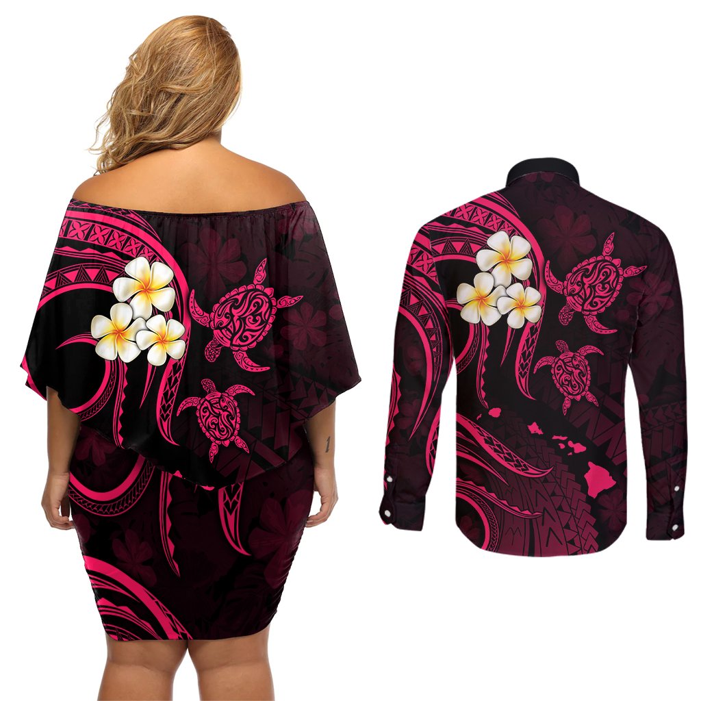 Hawaii Couples Off Shoulder Short Dress and Long Sleeve Button Shirts Kahoolawe Islands Polynesian Sunset Plumeria Pink Vibe LT9 - Polynesian Pride