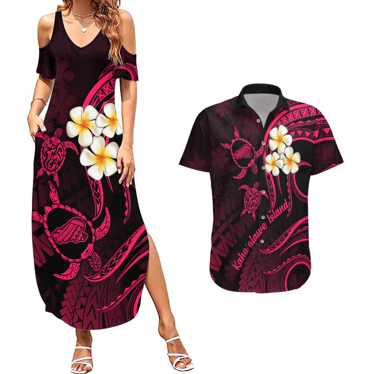 Hawaii Couples Summer Maxi Dress and Hawaiian Shirt Kahoolawe Islands Polynesian Sunset Plumeria Pink Vibe LT9 Pink - Polynesian Pride