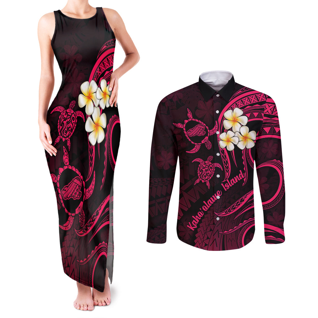 Hawaii Couples Matching Tank Maxi Dress and Long Sleeve Button Shirts Kahoolawe Islands Polynesian Sunset Plumeria Pink Vibe LT9 Pink - Polynesian Pride