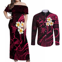 Hawaii Couples Off Shoulder Maxi Dress and Long Sleeve Button Shirts Kahoolawe Islands Polynesian Sunset Plumeria Pink Vibe LT9 Pink - Polynesian Pride