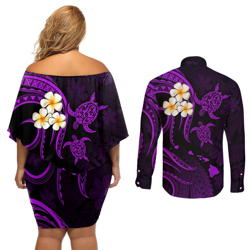 Polynesian Hawaii Couples Off Shoulder Short Dress and Long Sleeve Button Shirts Kahoolawe Islands with Pacific Plumeria Purple Vibe LT9 - Polynesian Pride