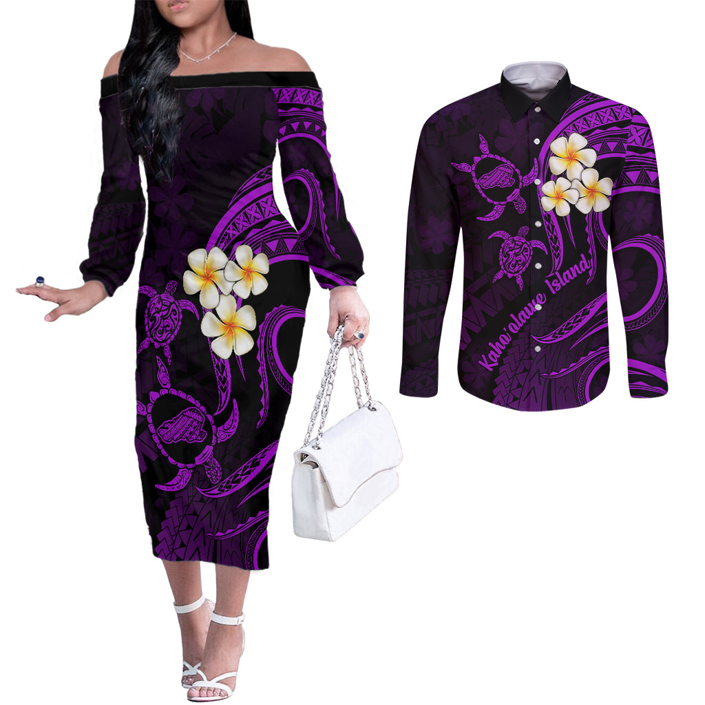 Polynesian Hawaii Couples Off The Shoulder Long Sleeve Dress and Long Sleeve Button Shirts Kahoolawe Islands with Pacific Plumeria Purple Vibe LT9 Purple - Polynesian Pride