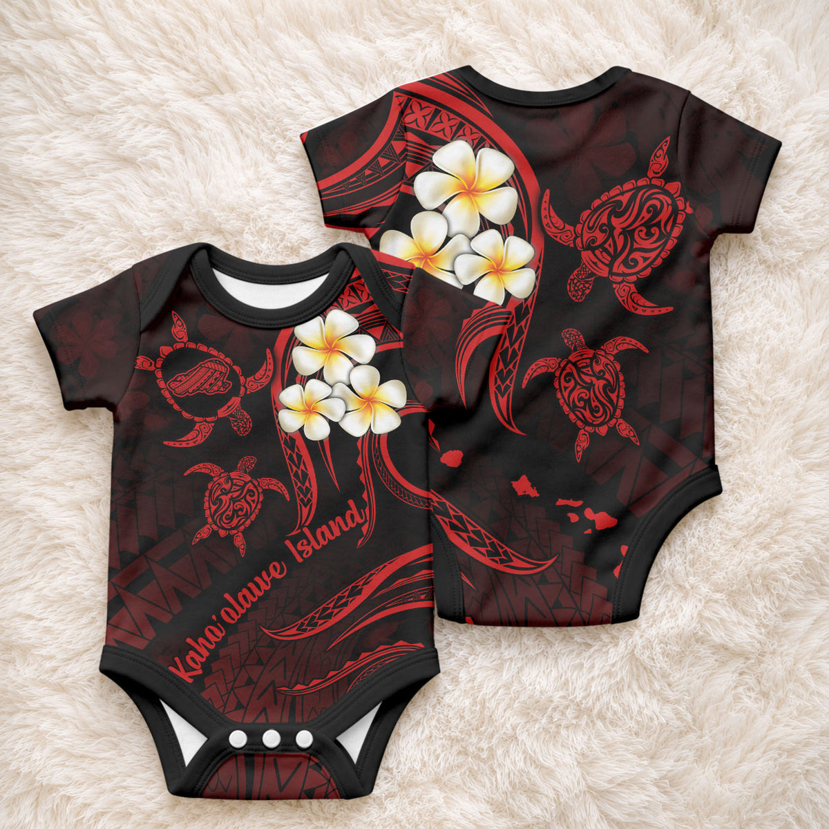 Polynesian Hawaii Kahoolawe Islands Baby Onesie with Pacific Plumeria Red Vibe LT9 - Polynesian Pride