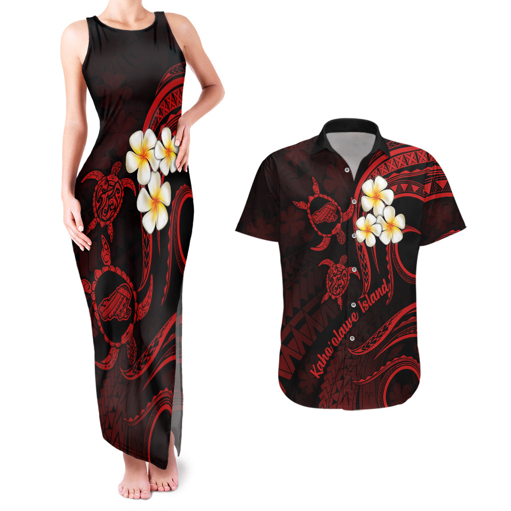 Polynesian Hawaii Couples Matching Tank Maxi Dress And Hawaiian Shirt Kahoolawe Islands with Pacific Plumeria Red Vibe LT9 Red - Polynesian Pride