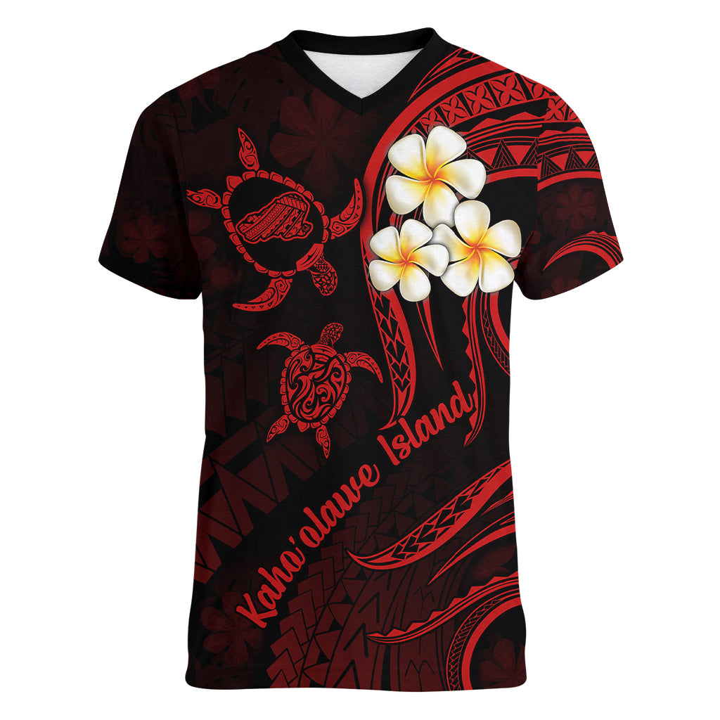 Polynesian Hawaii Women V Neck T Shirt Kahoolawe Islands with Pacific Plumeria Red Vibe LT9 Female Red - Polynesian Pride