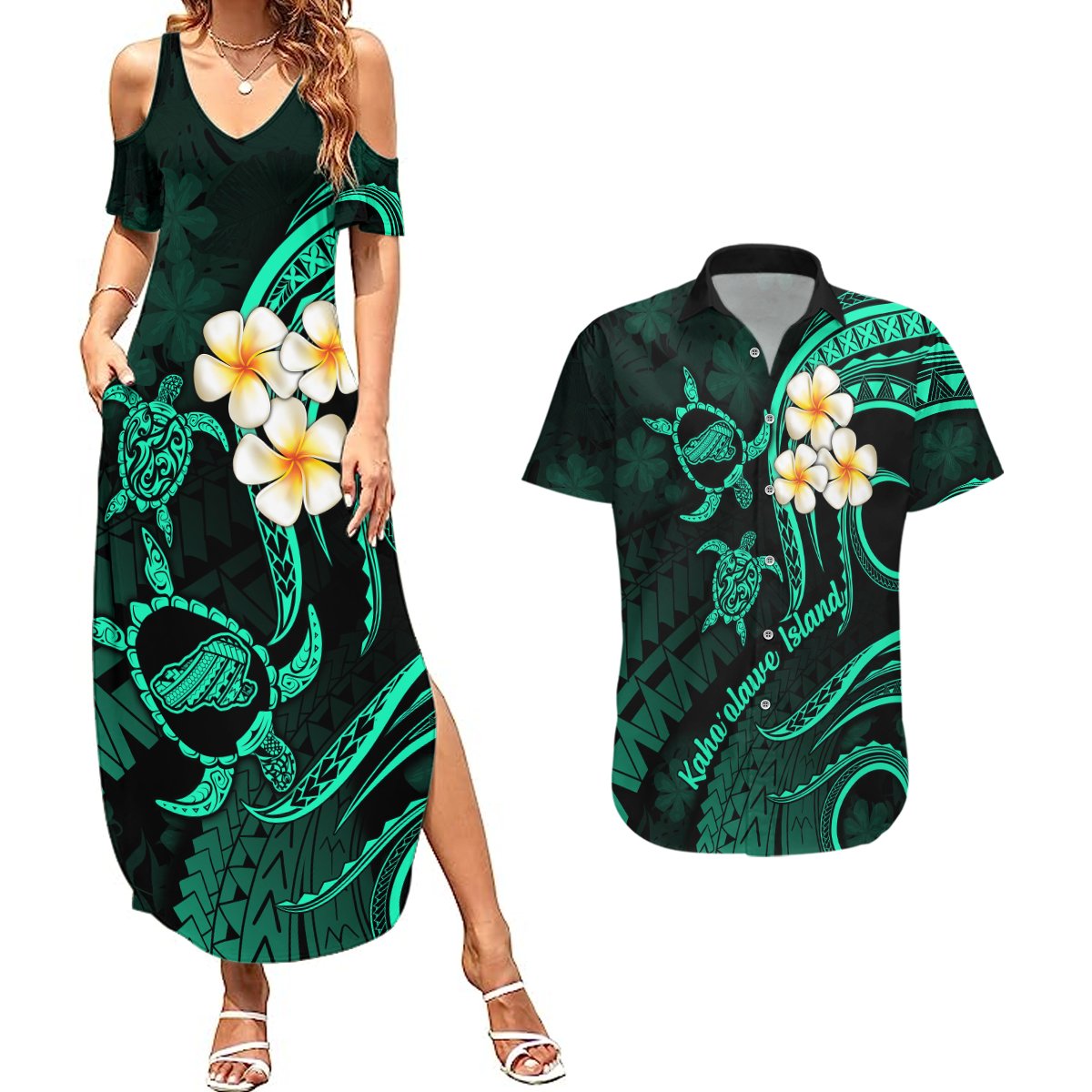 Polynesian Hawaii Couples Summer Maxi Dress and Hawaiian Shirt Kahoolawe Islands with Pacific Plumeria Turquoise Vibe LT9 Turquoise - Polynesian Pride