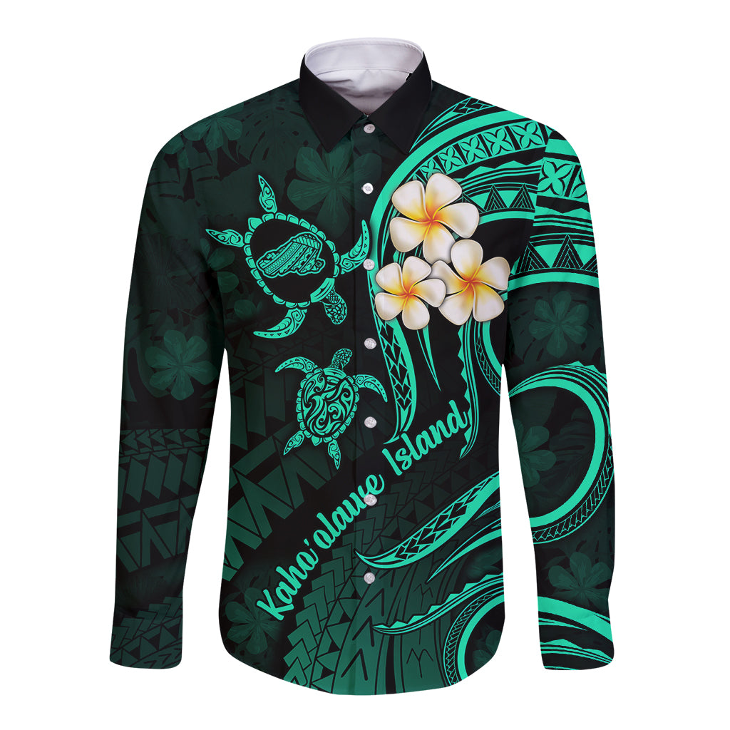 Polynesian Hawaii Long Sleeve Button Shirt Kahoolawe Islands with Pacific Plumeria Turquoise Vibe LT9 Unisex Turquoise - Polynesian Pride