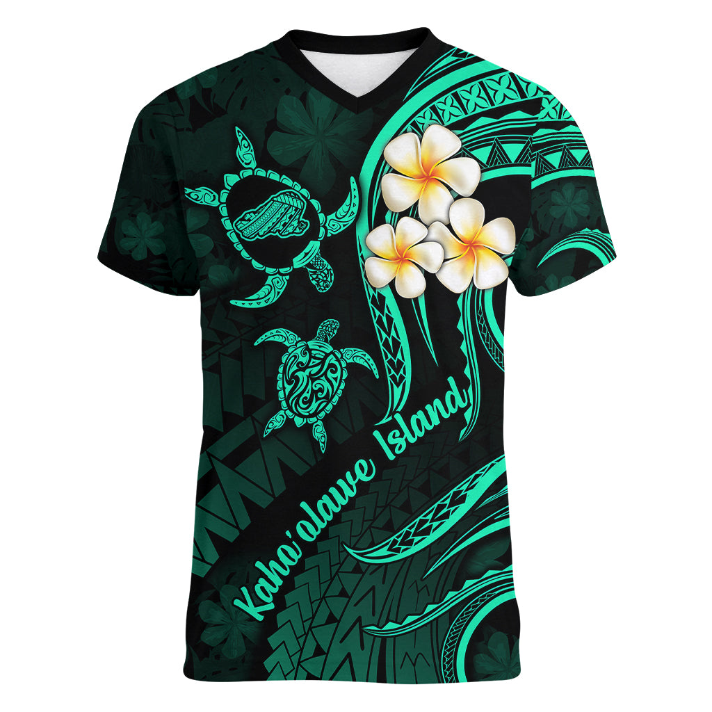 Polynesian Hawaii Women V Neck T Shirt Kahoolawe Islands with Pacific Plumeria Turquoise Vibe LT9 Female Turquoise - Polynesian Pride