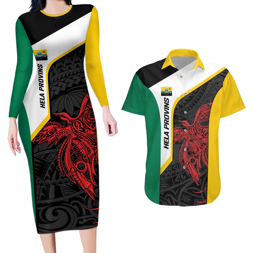 Personalised PNG Hela Province Couples Matching Long Sleeve Bodycon Dress and Hawaiian Shirt Bird of Paradise Tattoo Flag Motif LT9 Yellow - Polynesian Pride