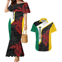 Personalised PNG Hela Province Couples Matching Mermaid Dress and Hawaiian Shirt Bird of Paradise Tattoo Flag Motif LT9 Yellow - Polynesian Pride