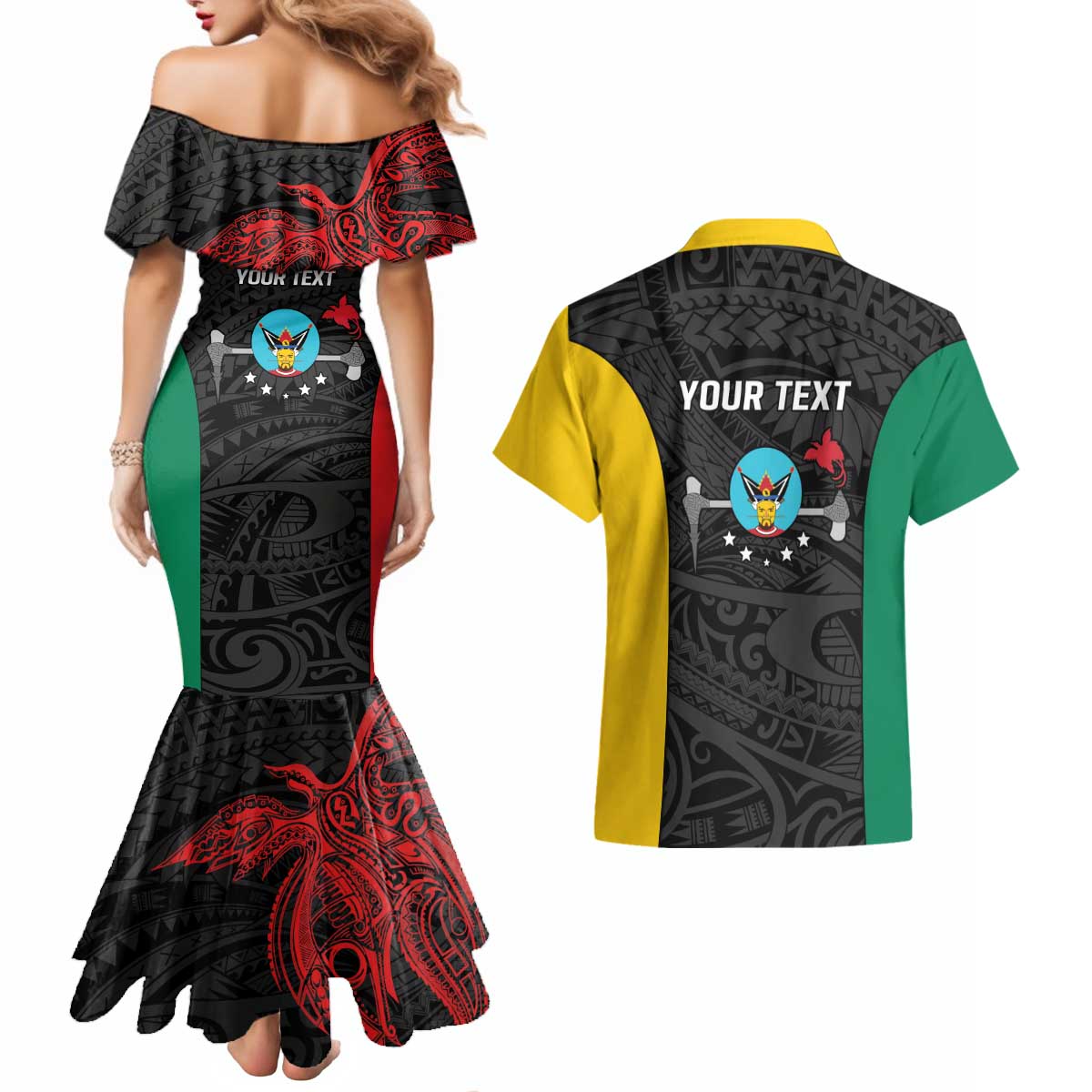 Personalised PNG Hela Province Couples Matching Mermaid Dress and Hawaiian Shirt Bird of Paradise Tattoo Flag Motif LT9 - Polynesian Pride
