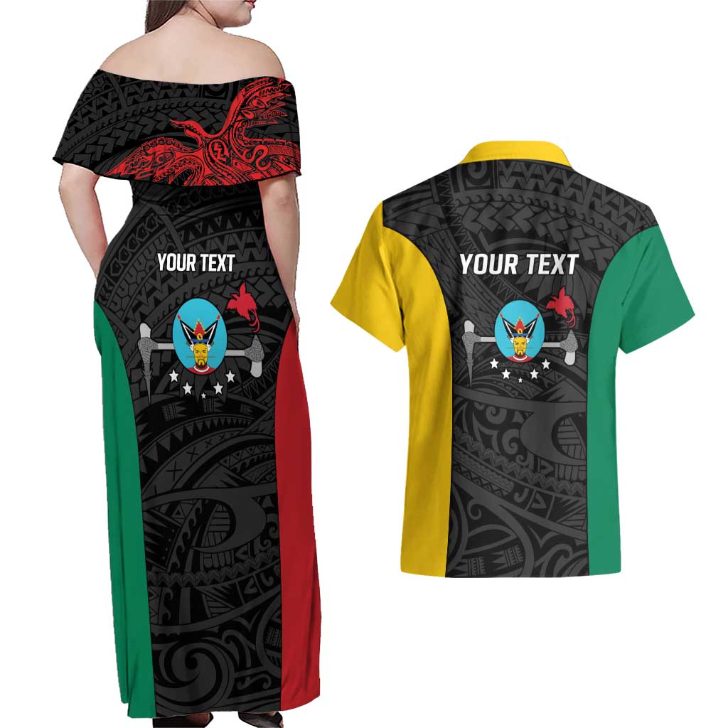 Personalised PNG Hela Province Couples Matching Off Shoulder Maxi Dress and Hawaiian Shirt Bird of Paradise Tattoo Flag Motif LT9 - Polynesian Pride