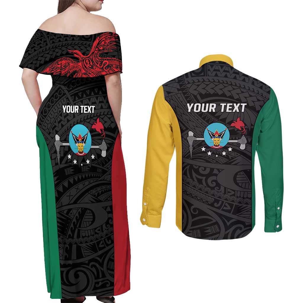Personalised PNG Hela Province Couples Matching Off Shoulder Maxi Dress and Long Sleeve Button Shirt Bird of Paradise Tattoo Flag Motif LT9 - Polynesian Pride