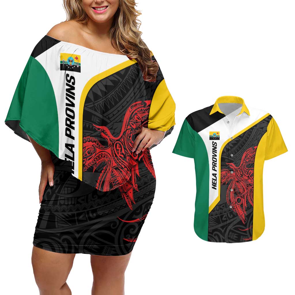 Personalised PNG Hela Province Couples Matching Off Shoulder Short Dress and Hawaiian Shirt Bird of Paradise Tattoo Flag Motif LT9 Yellow - Polynesian Pride