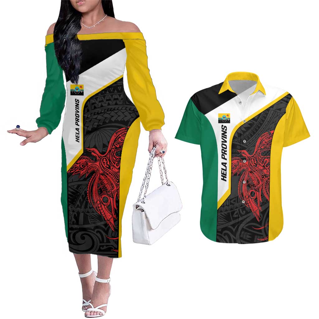 Personalised PNG Hela Province Couples Matching Off The Shoulder Long Sleeve Dress and Hawaiian Shirt Bird of Paradise Tattoo Flag Motif LT9 Yellow - Polynesian Pride