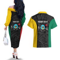 Personalised PNG Hela Province Couples Matching Off The Shoulder Long Sleeve Dress and Hawaiian Shirt Bird of Paradise Tattoo Flag Motif LT9 - Polynesian Pride