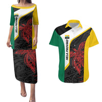 Personalised PNG Hela Province Couples Matching Puletasi and Hawaiian Shirt Bird of Paradise Tattoo Flag Motif LT9 Yellow - Polynesian Pride