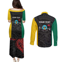 Personalised PNG Hela Province Couples Matching Puletasi and Long Sleeve Button Shirt Bird of Paradise Tattoo Flag Motif LT9 - Polynesian Pride