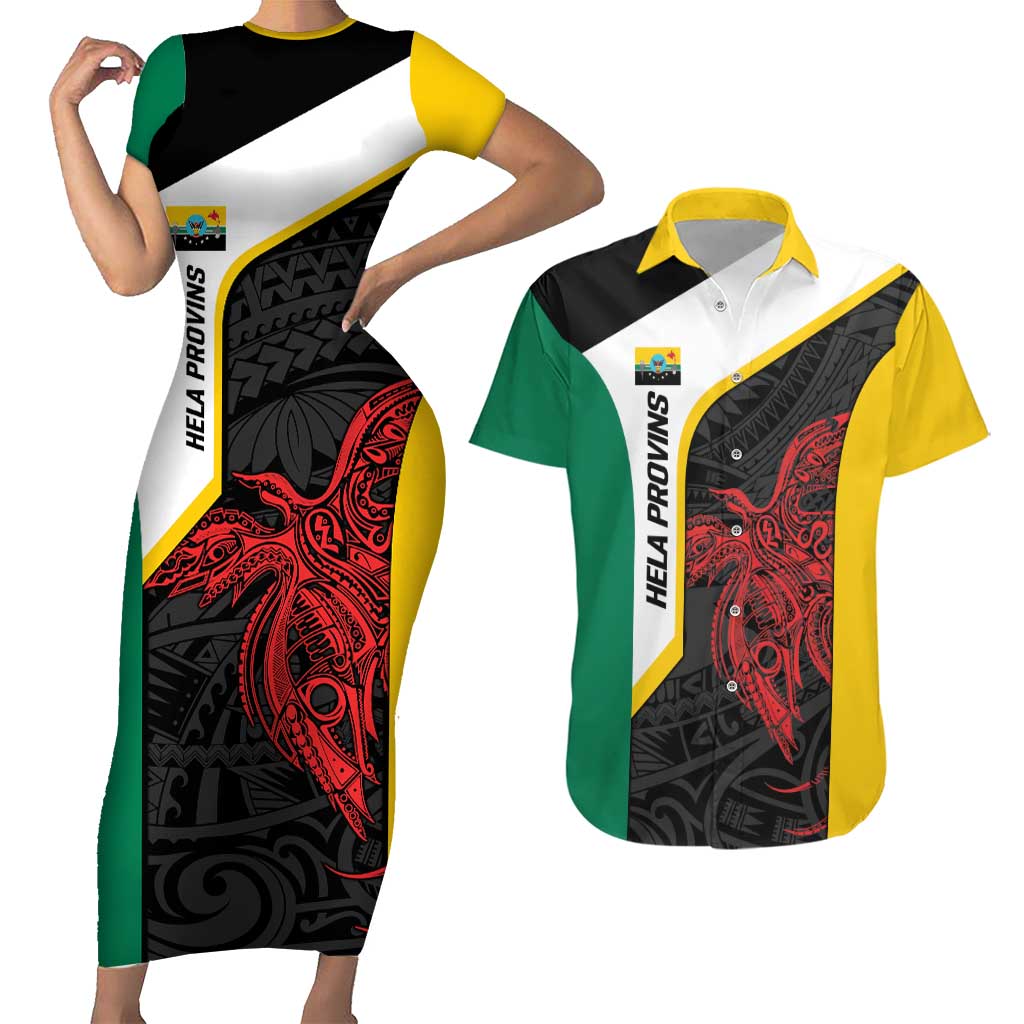Personalised PNG Hela Province Couples Matching Short Sleeve Bodycon Dress and Hawaiian Shirt Bird of Paradise Tattoo Flag Motif - Polynesian Pride