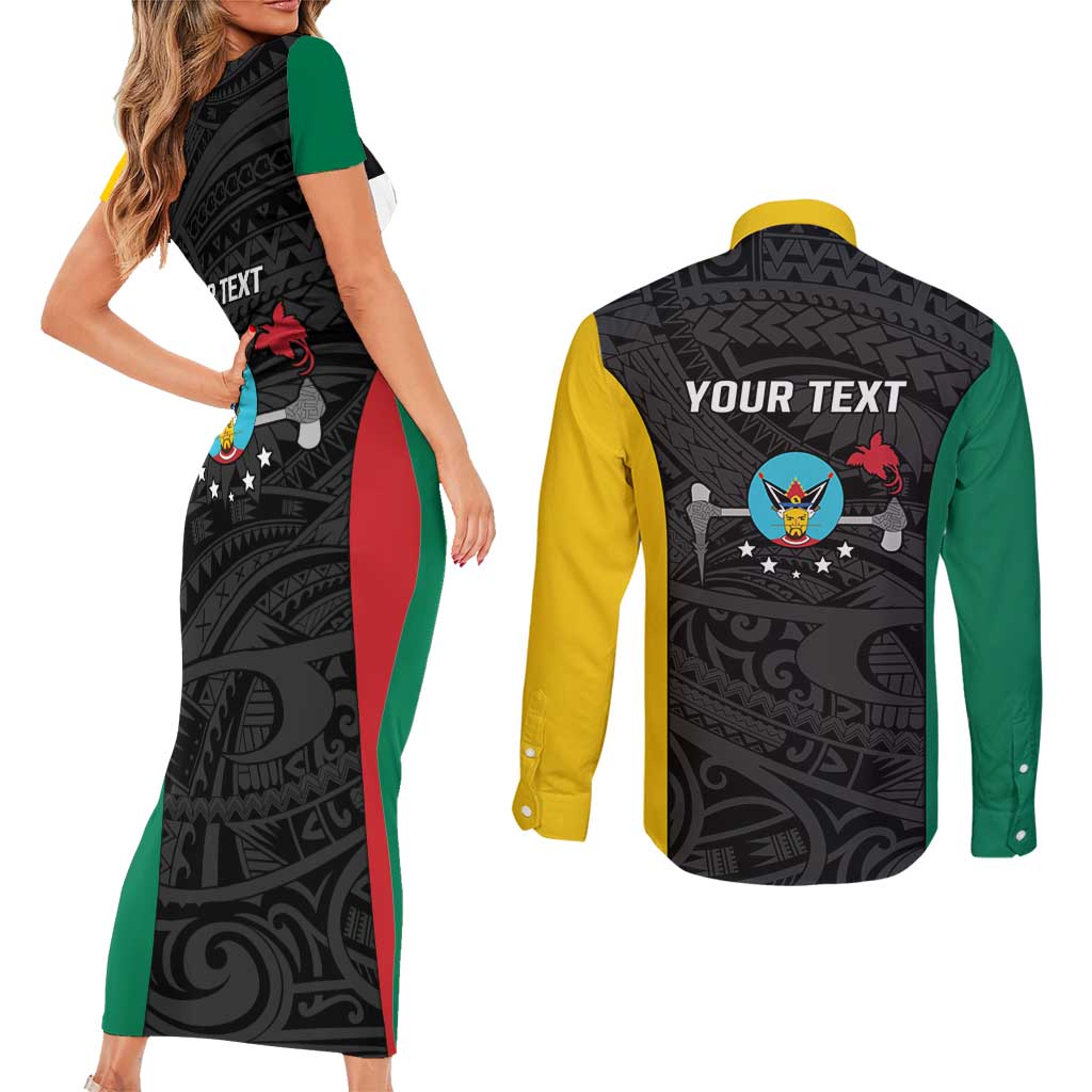 Personalised PNG Hela Province Couples Matching Short Sleeve Bodycon Dress and Long Sleeve Button Shirt Bird of Paradise Tattoo Flag Motif LT9 - Polynesian Pride