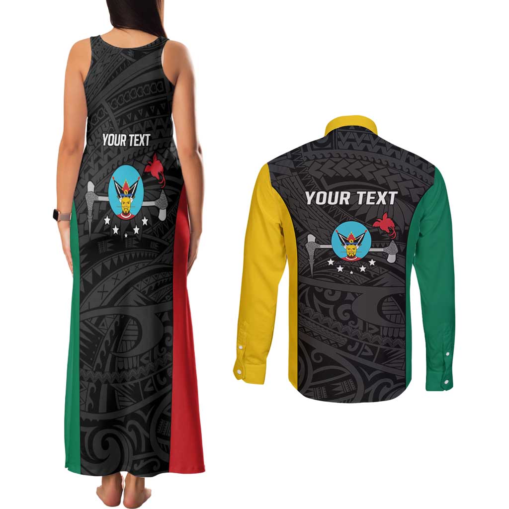 Personalised PNG Hela Province Couples Matching Tank Maxi Dress and Long Sleeve Button Shirt Bird of Paradise Tattoo Flag Motif LT9 - Polynesian Pride