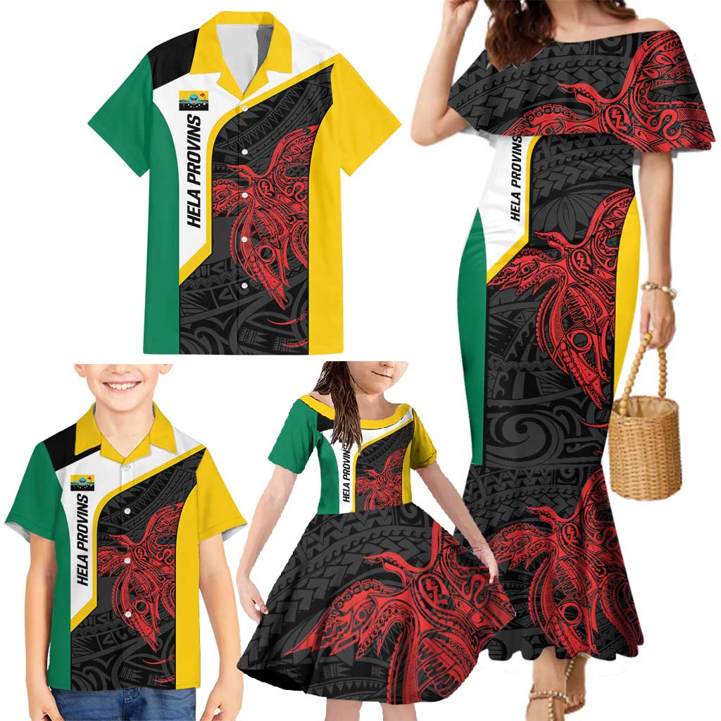Personalised PNG Hela Province Family Matching Mermaid Dress and Hawaiian Shirt Bird of Paradise Tattoo Flag Motif LT9 - Polynesian Pride