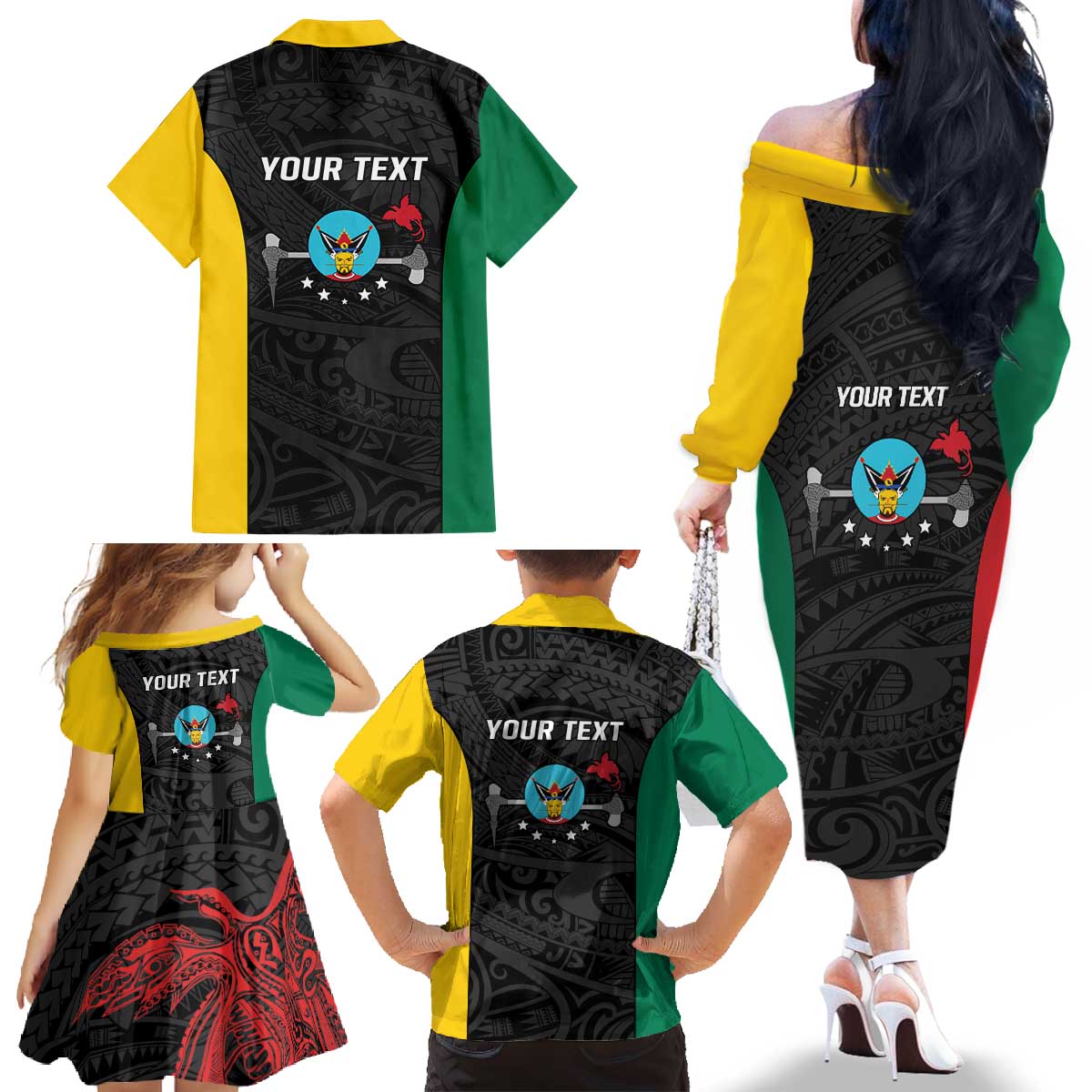 Personalised PNG Hela Province Family Matching Off The Shoulder Long Sleeve Dress and Hawaiian Shirt Bird of Paradise Tattoo Flag Motif LT9 - Polynesian Pride