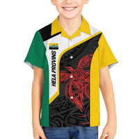 Personalised PNG Hela Province Family Matching Off The Shoulder Long Sleeve Dress and Hawaiian Shirt Bird of Paradise Tattoo Flag Motif LT9 Son's Shirt Yellow - Polynesian Pride