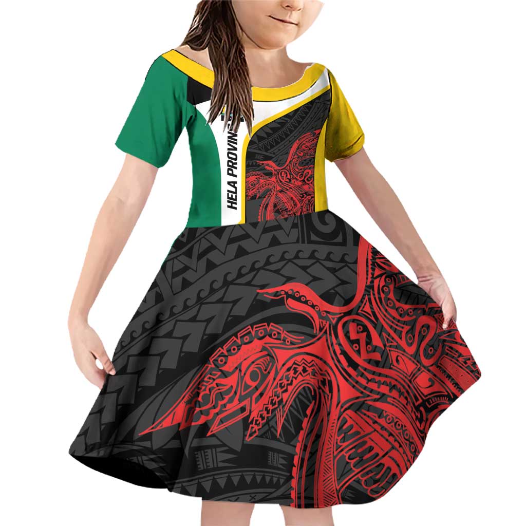 Personalised PNG Hela Province Family Matching Off Shoulder Short Dress and Hawaiian Shirt Bird of Paradise Tattoo Flag Motif LT9 Daughter's Dress Yellow - Polynesian Pride
