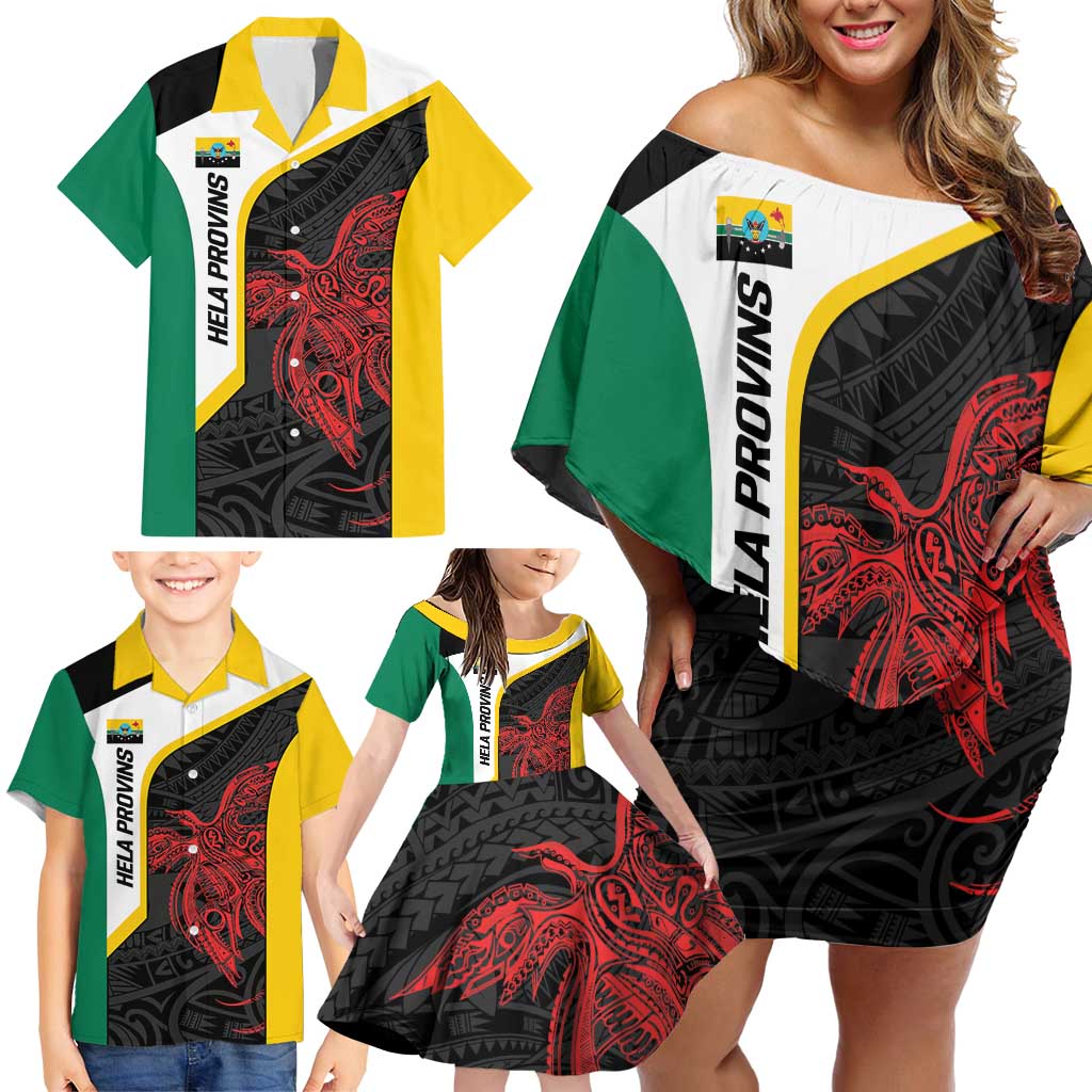 Personalised PNG Hela Province Family Matching Off Shoulder Short Dress and Hawaiian Shirt Bird of Paradise Tattoo Flag Motif LT9 - Polynesian Pride
