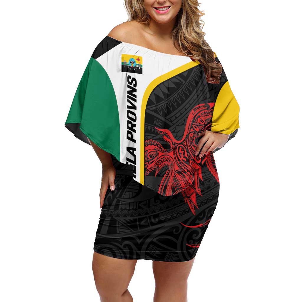 Personalised PNG Hela Province Family Matching Off Shoulder Short Dress and Hawaiian Shirt Bird of Paradise Tattoo Flag Motif LT9 Mom's Dress Yellow - Polynesian Pride