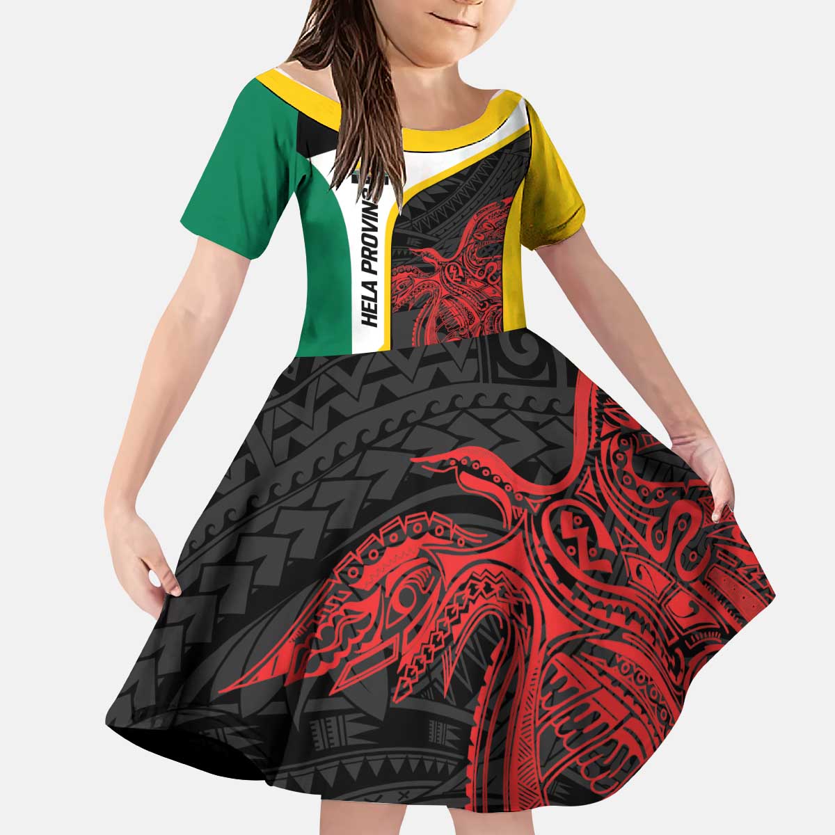 Personalised PNG Hela Province Kid Short Sleeve Dress Bird of Paradise Tattoo Flag Motif LT9 KID Yellow - Polynesian Pride