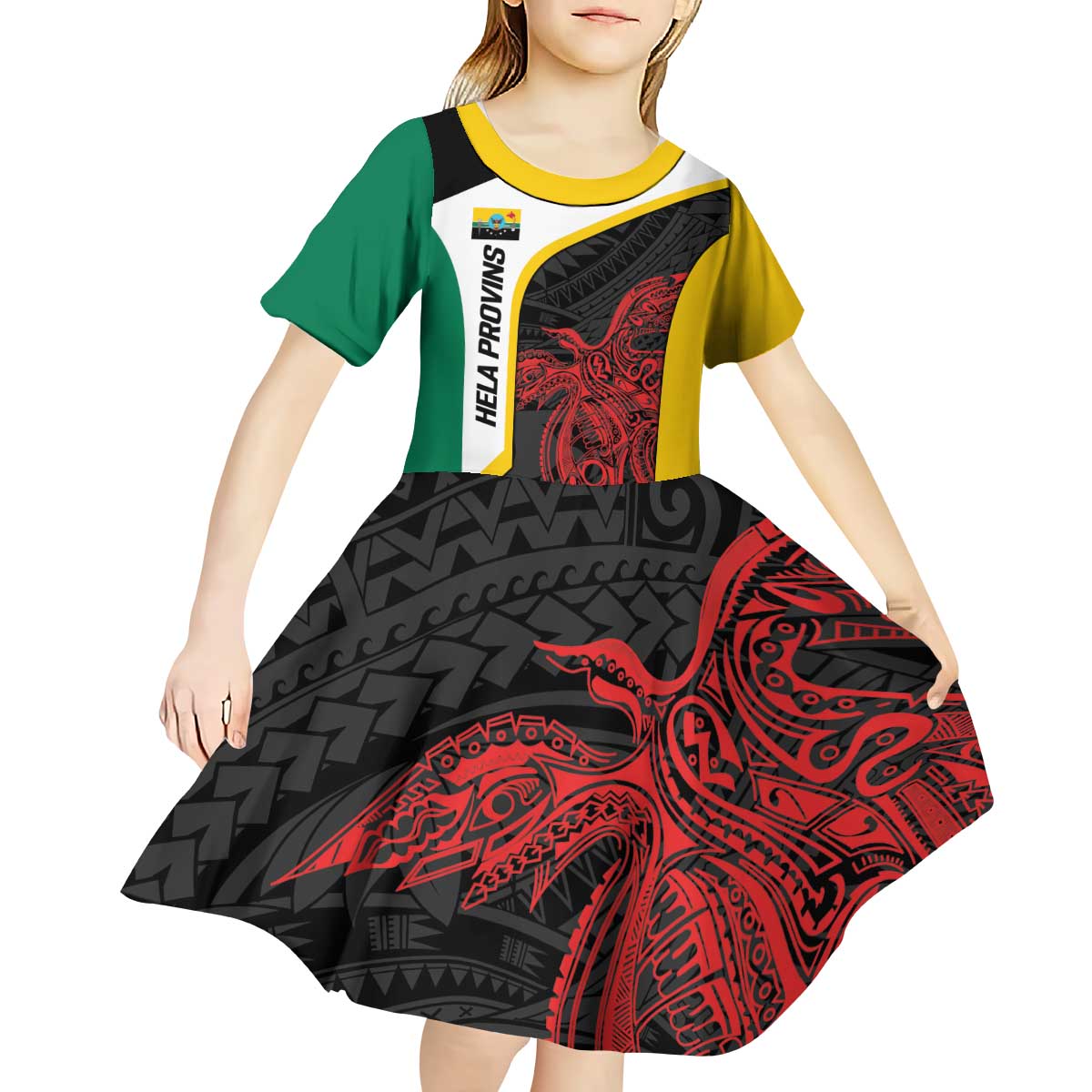 Personalised PNG Hela Province Kid Short Sleeve Dress Bird of Paradise Tattoo Flag Motif LT9 - Polynesian Pride