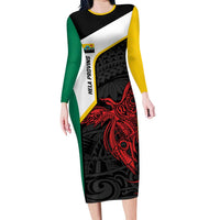 Personalised PNG Hela Province Long Sleeve Bodycon Dress Bird of Paradise Tattoo Flag Motif LT9 Long Dress Yellow - Polynesian Pride