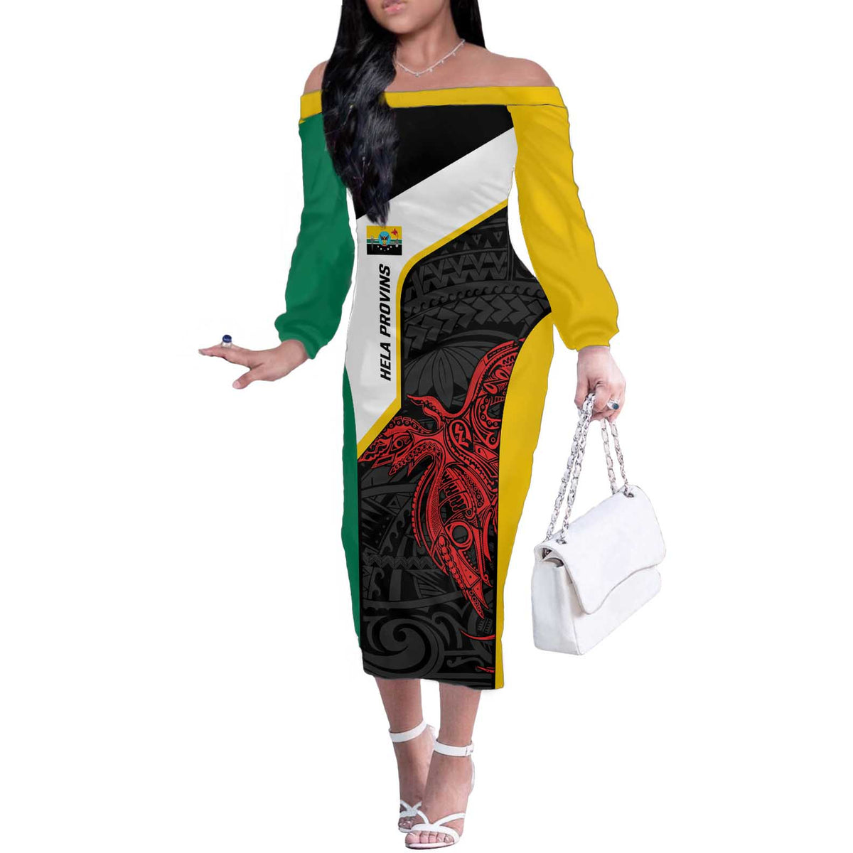 Personalised PNG Hela Province Off The Shoulder Long Sleeve Dress Bird of Paradise Tattoo Flag Motif LT9 Women Yellow - Polynesian Pride