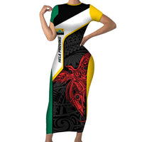 Personalised PNG Hela Province Short Sleeve Bodycon Dress Bird of Paradise Tattoo Flag Motif LT9 Long Dress Yellow - Polynesian Pride