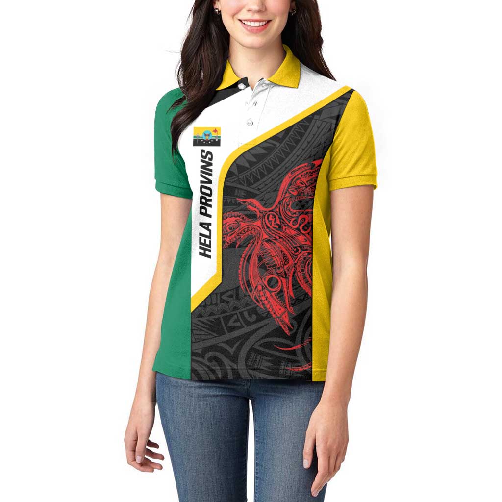 Personalised PNG Hela Province Women Polo Shirt Bird of Paradise Tattoo Flag Motif LT9 - Polynesian Pride