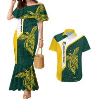 Personalised PNG Jiwaka Province Couples Matching Mermaid Dress and Hawaiian Shirt Bird of Paradise Tattoo Flag Motif LT9 Green - Polynesian Pride
