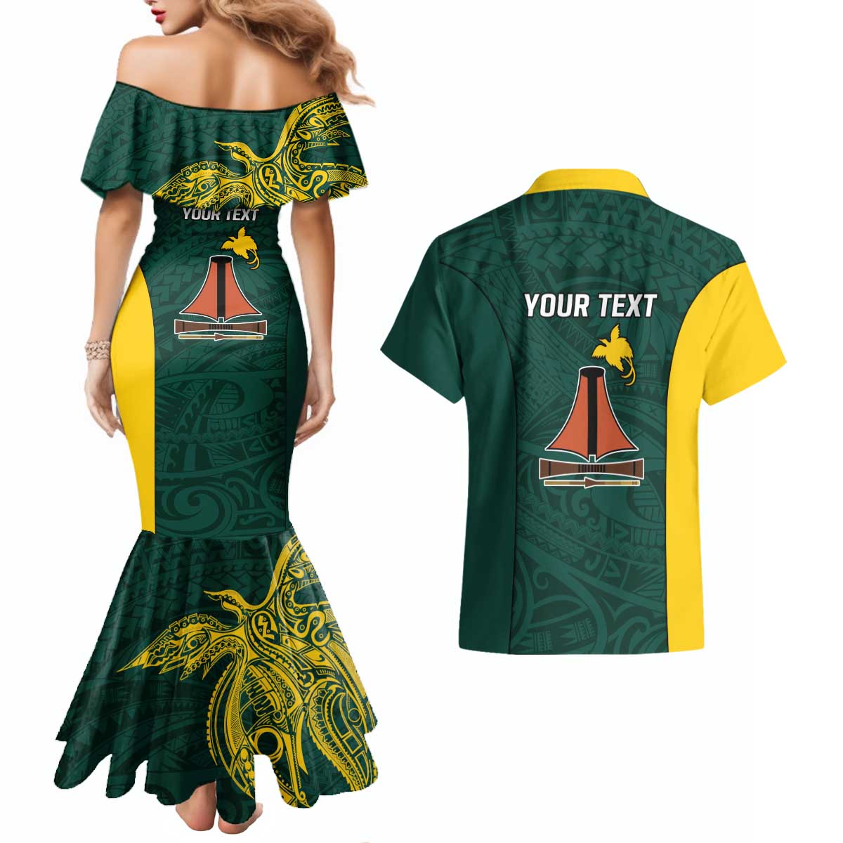 Personalised PNG Jiwaka Province Couples Matching Mermaid Dress and Hawaiian Shirt Bird of Paradise Tattoo Flag Motif LT9 - Polynesian Pride