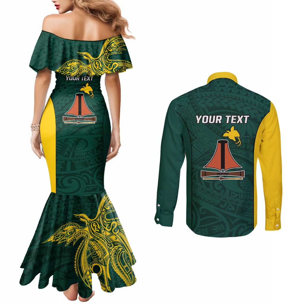 Personalised PNG Jiwaka Province Couples Matching Mermaid Dress and Long Sleeve Button Shirt Bird of Paradise Tattoo Flag Motif LT9 - Polynesian Pride
