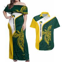 Personalised PNG Jiwaka Province Couples Matching Off Shoulder Maxi Dress and Hawaiian Shirt Bird of Paradise Tattoo Flag Motif LT9 Green - Polynesian Pride