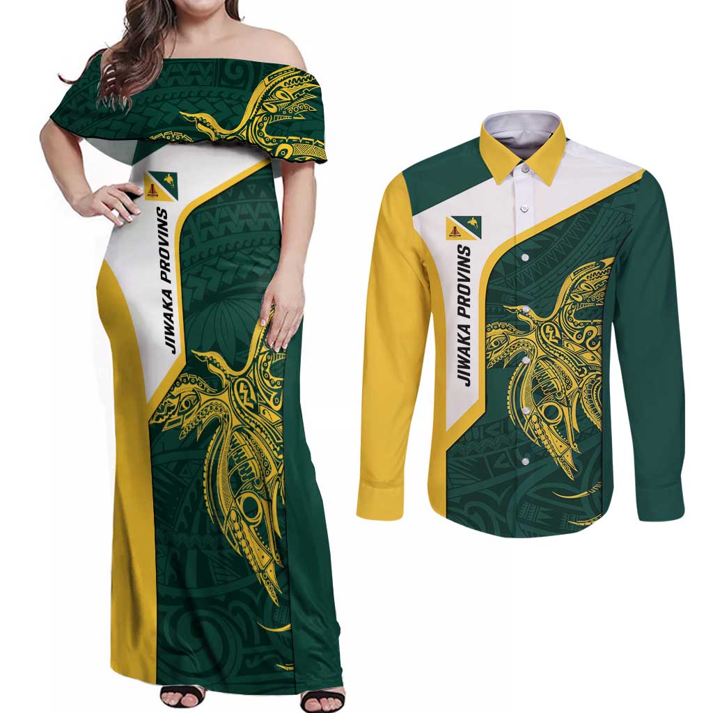Personalised PNG Jiwaka Province Couples Matching Off Shoulder Maxi Dress and Long Sleeve Button Shirt Bird of Paradise Tattoo Flag Motif LT9 Green - Polynesian Pride