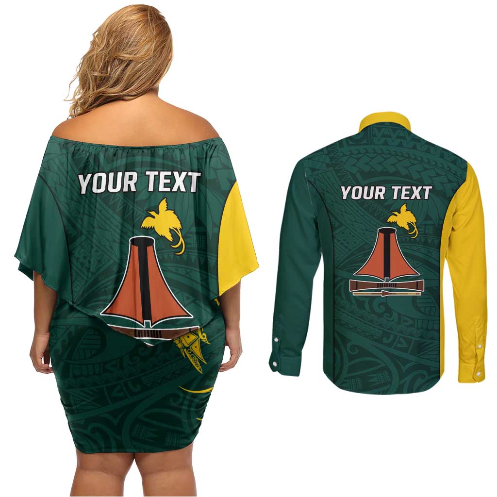 Personalised PNG Jiwaka Province Couples Matching Off Shoulder Short Dress and Long Sleeve Button Shirt Bird of Paradise Tattoo Flag Motif LT9 - Polynesian Pride