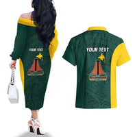 Personalised PNG Jiwaka Province Couples Matching Off The Shoulder Long Sleeve Dress and Hawaiian Shirt Bird of Paradise Tattoo Flag Motif LT9 - Polynesian Pride