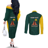 Personalised PNG Jiwaka Province Couples Matching Off The Shoulder Long Sleeve Dress and Long Sleeve Button Shirt Bird of Paradise Tattoo Flag Motif LT9 - Polynesian Pride