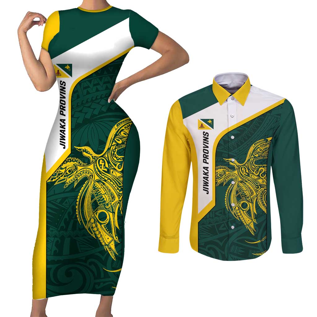 Personalised PNG Jiwaka Province Couples Matching Short Sleeve Bodycon Dress and Long Sleeve Button Shirt Bird of Paradise Tattoo Flag Motif LT9 Green - Polynesian Pride