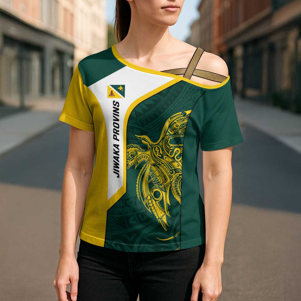 Personalised PNG Jiwaka Province Cross Shoulder Shirt Bird of Paradise Tattoo Flag Motif LT9 - Polynesian Pride