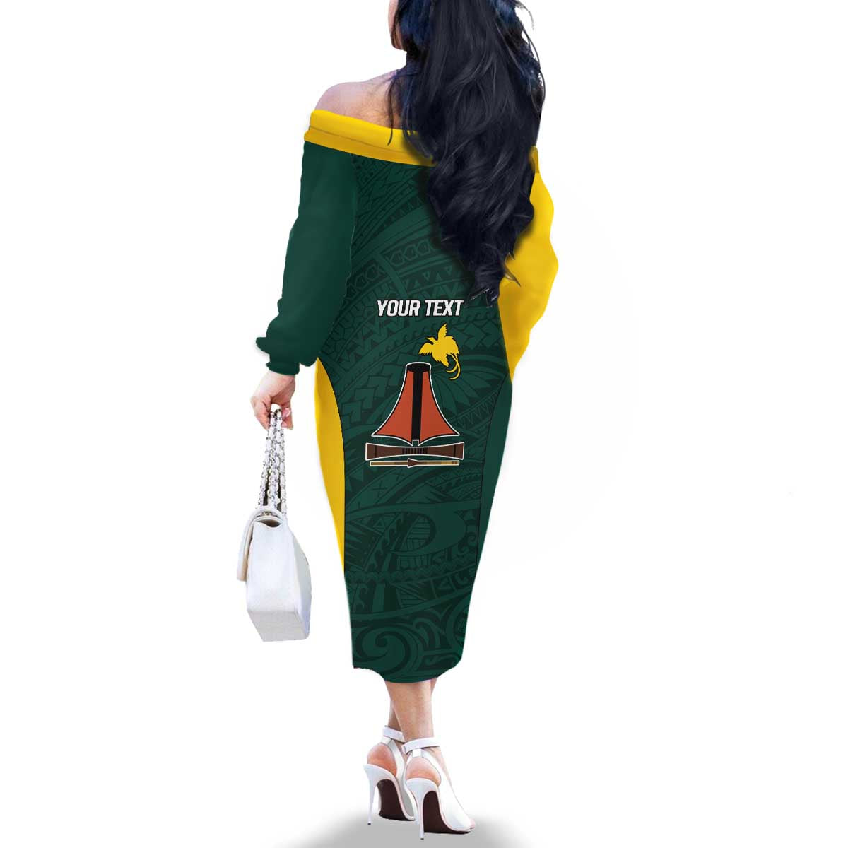 Personalised PNG Jiwaka Province Family Matching Off The Shoulder Long Sleeve Dress and Hawaiian Shirt Bird of Paradise Tattoo Flag Motif LT9 - Polynesian Pride