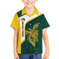 Personalised PNG Jiwaka Province Family Matching Off Shoulder Maxi Dress and Hawaiian Shirt Bird of Paradise Tattoo Flag Motif LT9 Son's Shirt Green - Polynesian Pride