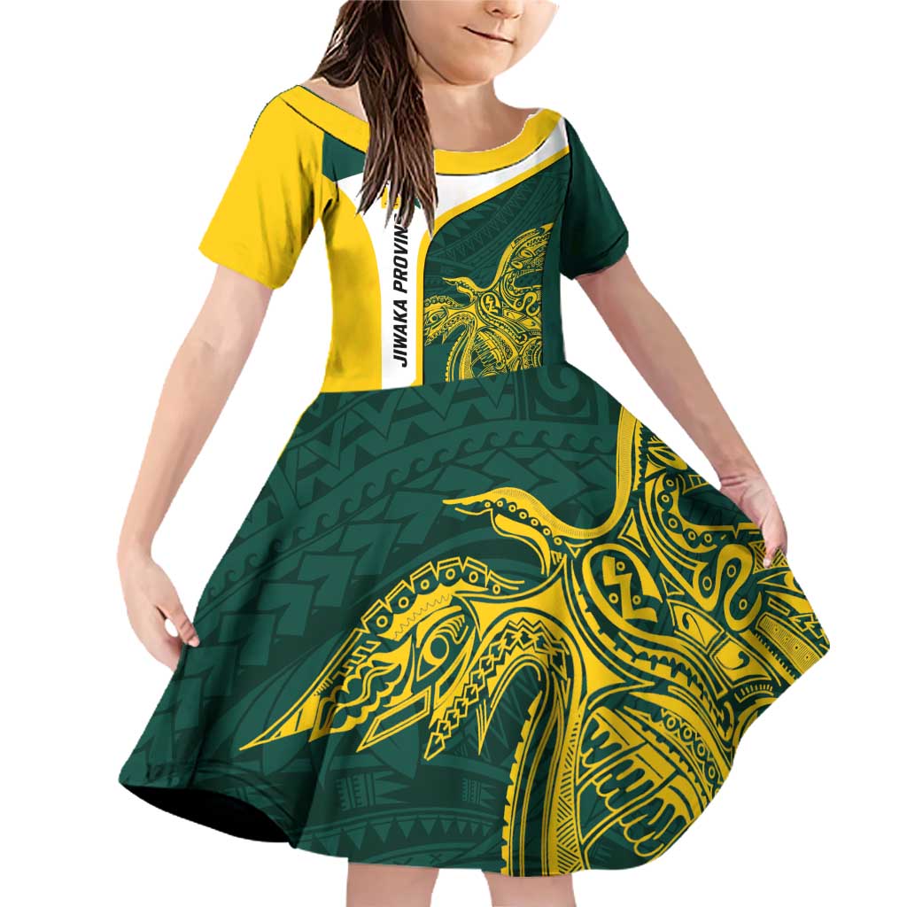 Personalised PNG Jiwaka Province Family Matching Off Shoulder Short Dress and Hawaiian Shirt Bird of Paradise Tattoo Flag Motif LT9 Daughter's Dress Green - Polynesian Pride